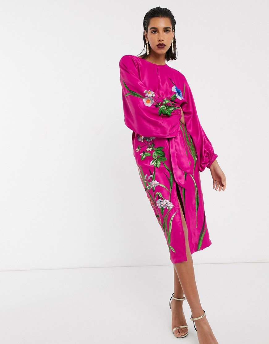 ASOS EDITION floral embroidered belted midi dress in satin-Pink