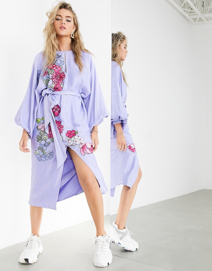 ASOS EDITION floral embroidered belted midi dress in satin-Blues