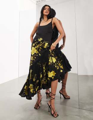 floral embroidered bias cut midi dress with fringe in black