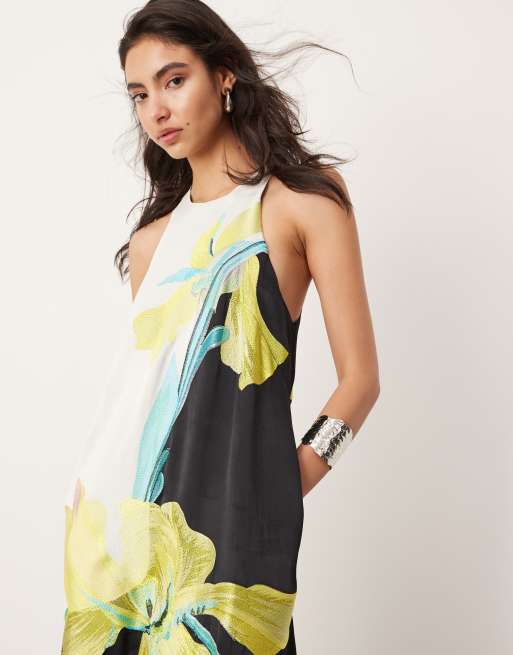 ASOS EDITION floral embroidered colorblock racer neck maxi dress in black