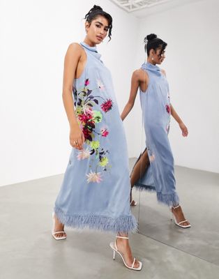 ASOS EDITION Floral embroidered draped halter midaxi dress with faux feather hem