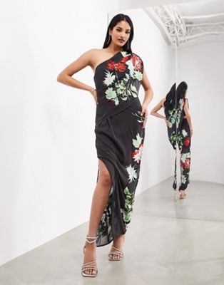 ASOS EDITION floral embroidered draped one shoulder maxi dress with split in dark grey