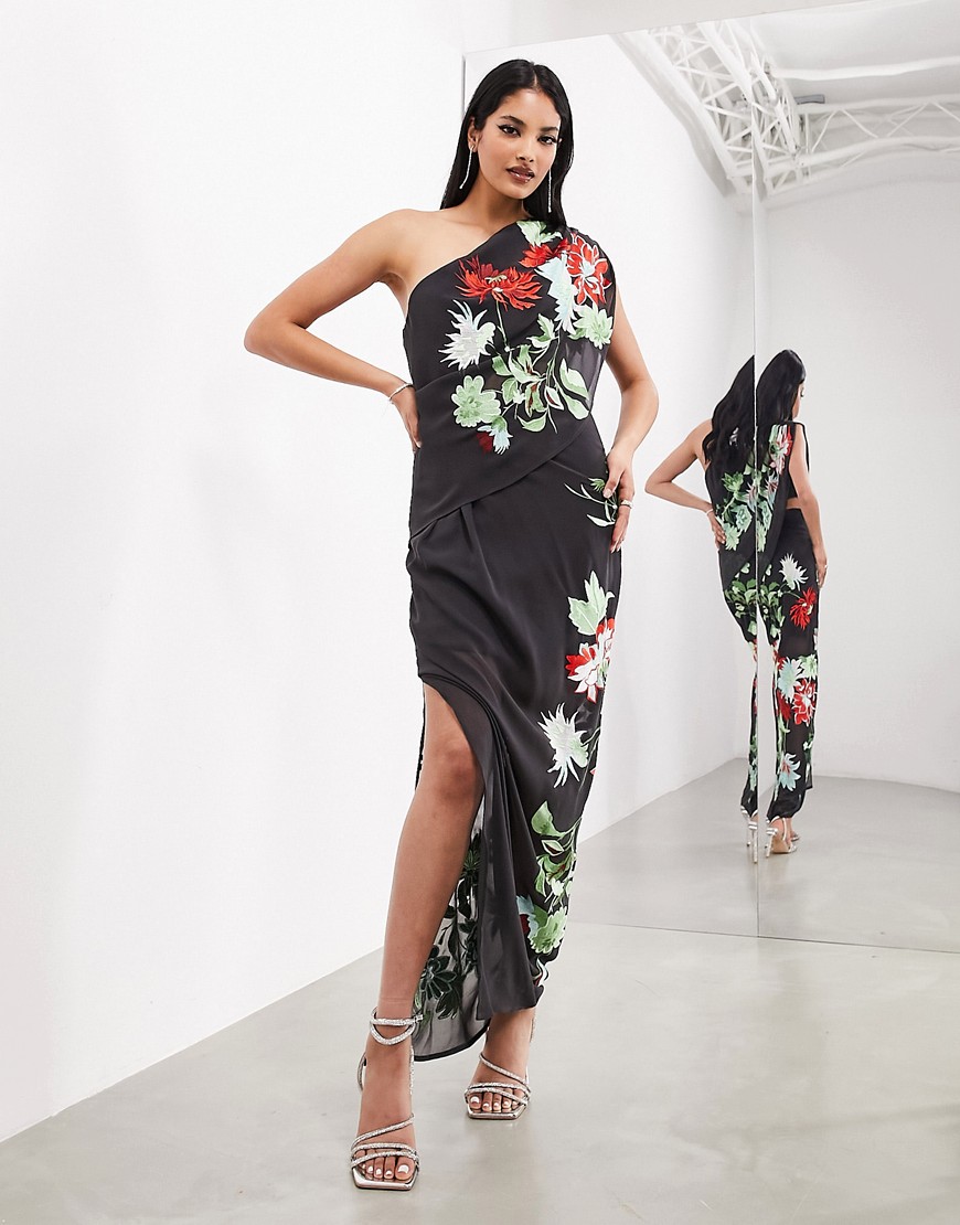 ASOS EDITION floral embroidered draped one shoulder maxi dress with split in dark grey-Green