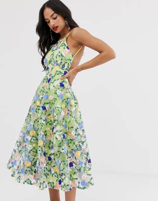 asos edition floral embroidered halter prom midi dress