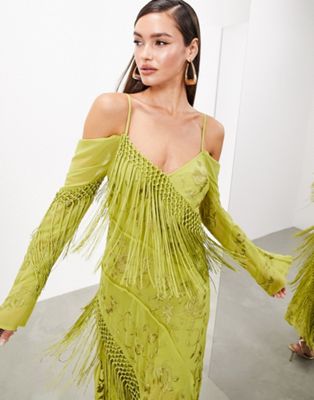 ASOS EDITION floral embroidered long sleeve bias cut maxi dress with fringe in olive green