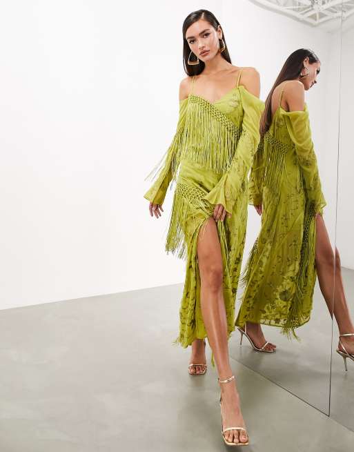 ASOS EDITION floral embroidered long sleeve bias cut maxi dress with fringe in olive green ASOS