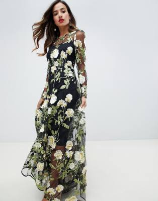 flower embroidered maxi dress