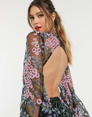 asos edition embroidered maxi with blouson sleeve & open back
