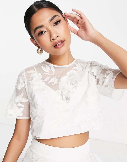 White floral store mesh top