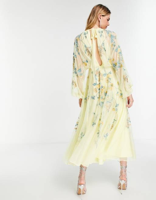 ASOS EDITION floral embroidered mesh midi dress with blouson sleeve in lemon