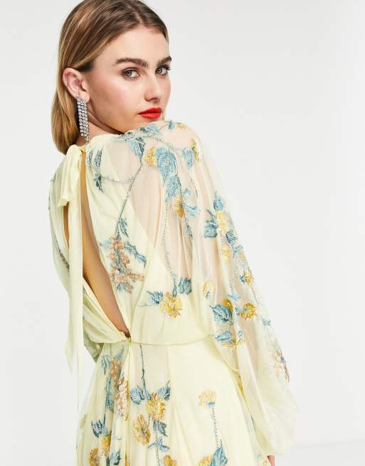 ASOS EDITION floral embroidered mesh midi dress with blouson sleeves in lemon ASOS