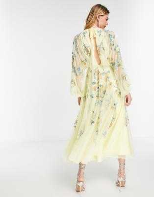 ASOS EDITION floral embroidered mesh midi dress with blouson sleeves in  lemon | ASOS