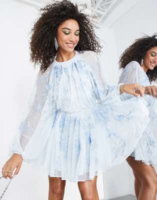 Sleeveless Fit-and-Flare Mini Dress with Sheer Floral Embroidery  - Blue