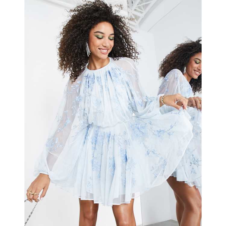 ASOS EDITION floral embroidered mesh mini dress with blouson sleeve in pale  blue