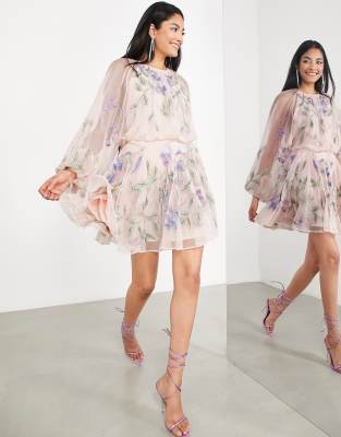 Asos Design Floral Embroidered Mesh Mini Dress With Blouson Sleeve In Pale Pink-multi