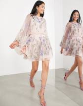 ASOS EDITION mini smock dress in organza with embroidered meadow