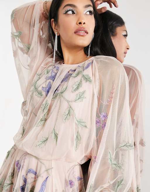 ASOS EDITION blouson sleeve floral embroidered maxi dress with open back in  light pink