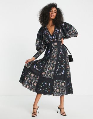 ASOS EDITION floral embroidered midi dress with lace inserts in black