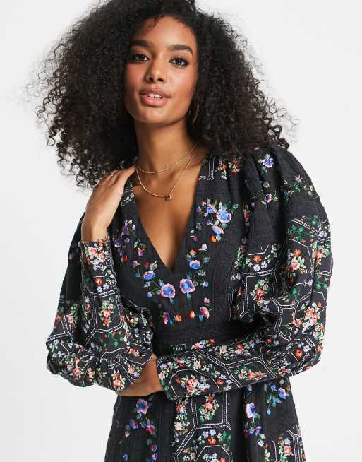 ASOS EDITION floral embroidered midi dress with lace inserts in black