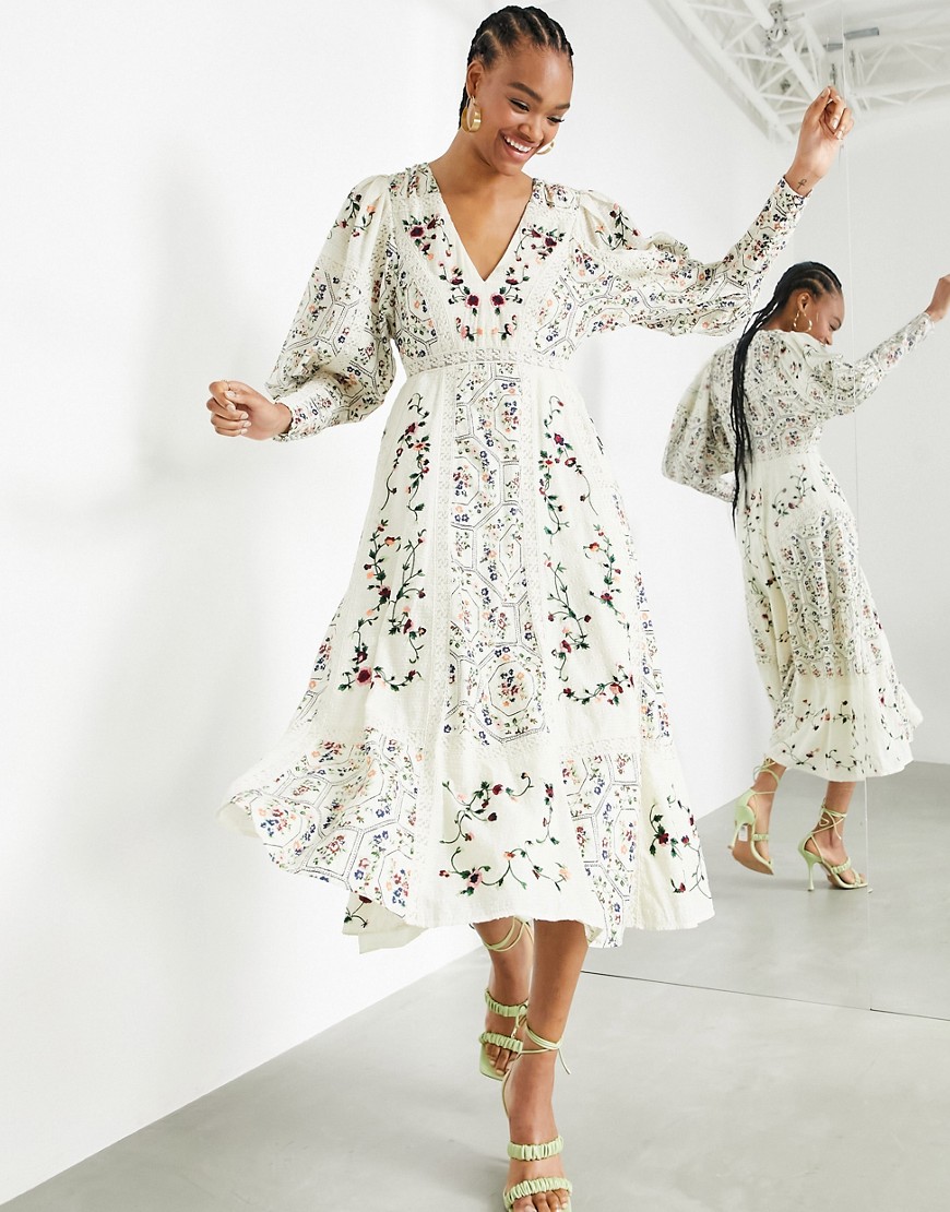 ASOS EDITION floral embroidered midi dress with lace inserts-Multi