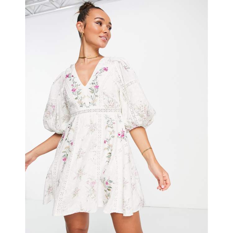 Women's High Neck Embroidered Mini Dress in Cream Floral