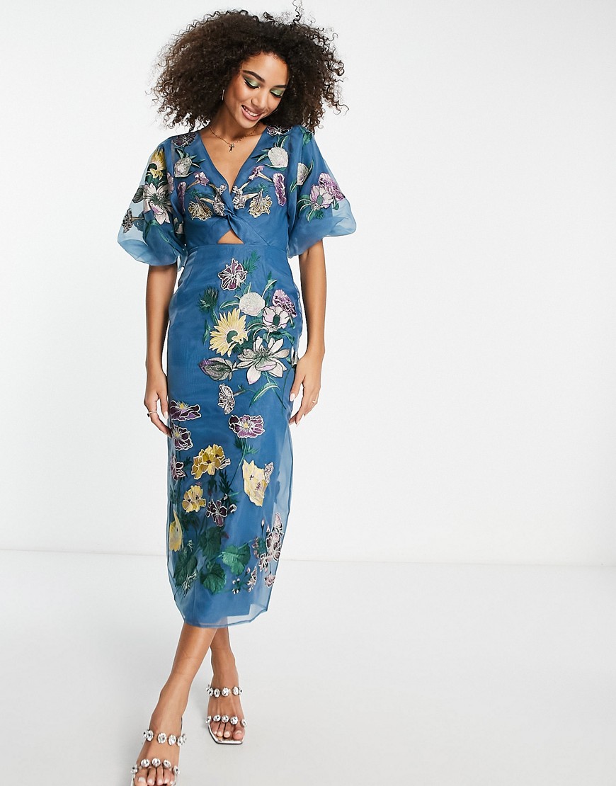 Asos Design Floral Embroidered Organza Midi Dress In Steel Blue