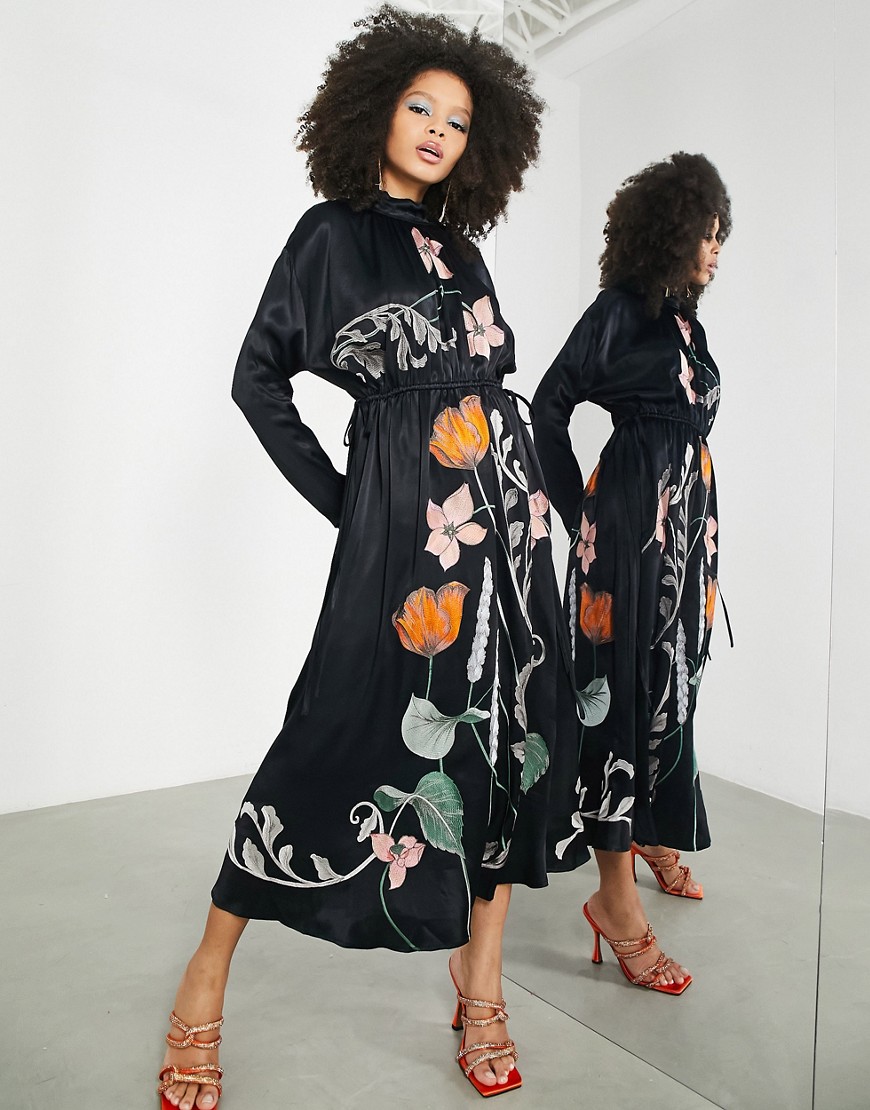 ASOS EDITION floral embroidered satin midi dress with drawstring channel in black