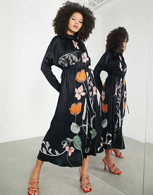 asos midi dress EDITION floral embroidered with lace inserts keyhole back ASOS Design - Midi Dress