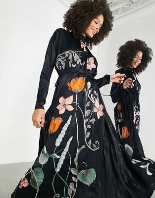 asos edition floral embroidered belted midi dress in satin ASOS EDITION floral embroidered belted midi dress in satin