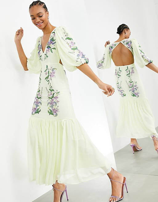 ASOS EDITION floral embroidered tiered maxi dress in lemon