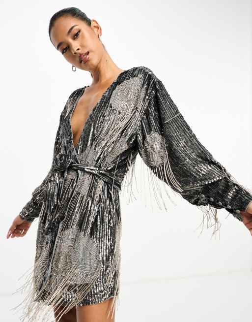 ASOS EDITION floral fringe sequin wrap mini dress in charcoal