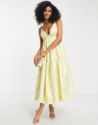 ASOS EDITION floral jacquard midi cami dress with ruffles in yellow