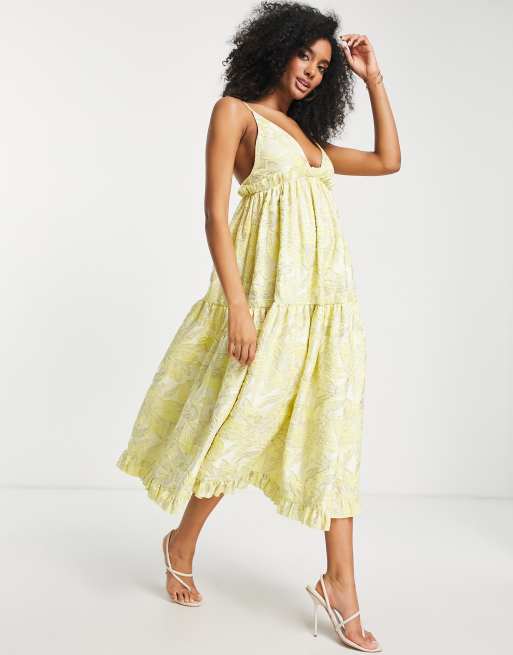 ASOS EDITION floral jacquard midi cami dress with ruffles in yellow