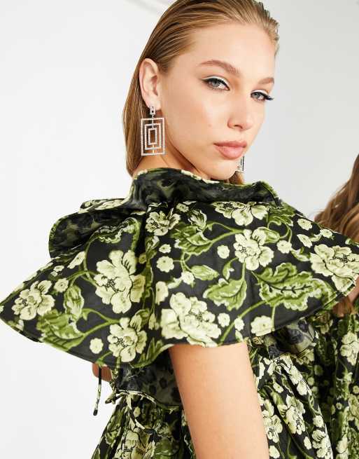 ASOS EDITION floral jacquard plunge mini dress with ruffle sleeve