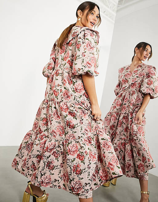 ASOS EDITION floral jacquard smock midi dress with scallop collar in pink