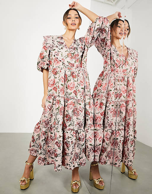ASOS EDITION floral jacquard smock midi dress with scallop collar in pink