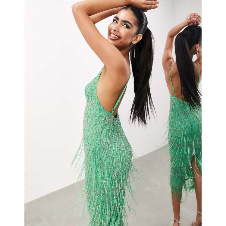 Asos design crop top fringe embellishment tulle midi dress hotsell