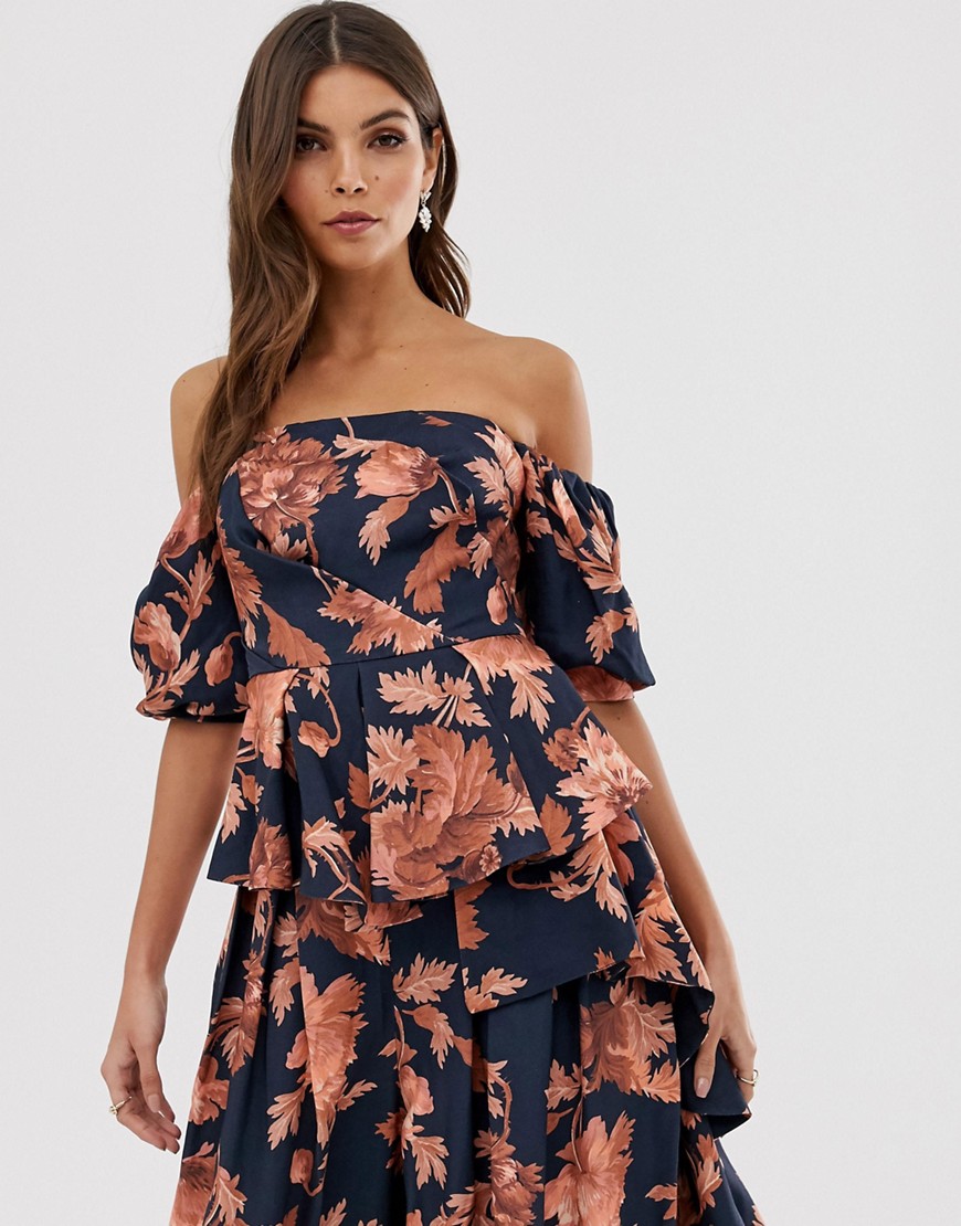 ASOS EDITION floral off shoulder top with drape side-Multi