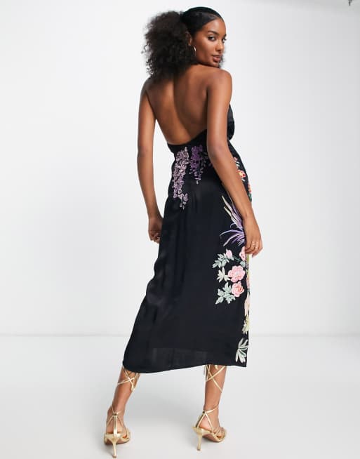 Asos design embellished halter midi dress with floral clearance embroidery