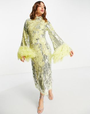 ASOS EDITION floral sequin and bead midi dress with faux feather cuff in lemon - ASOS Price Checker
