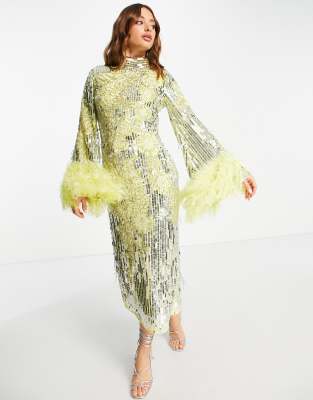 ASOS EDITION floral sequin and bead midi dress with faux feather cuff in lemon - ASOS Price Checker