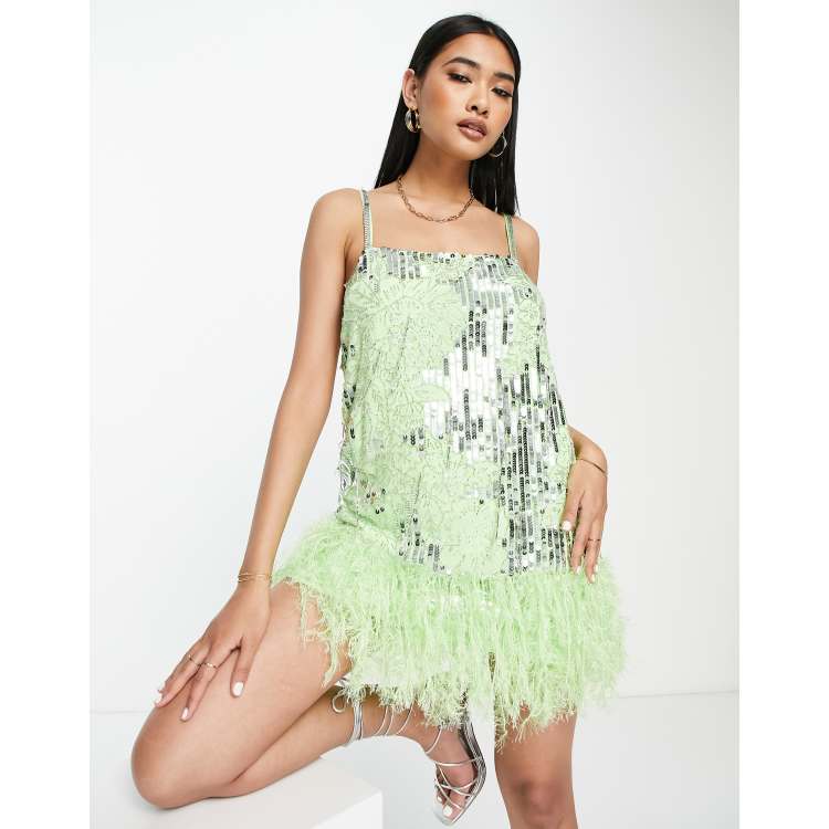 green emerald velvet dress Sparkly Dark Green Sequin Feather Long Prom Dress main image 0