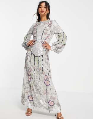ASOS DESIGN FLORAL SEQUIN PLACEMENT MIDI DRESS IN DOVE GRAY-GREY ED013
