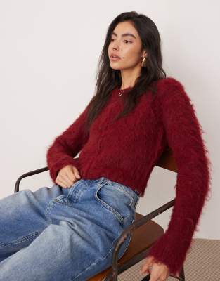 fluffy knit zip through cropped cardigan in burgundy-Brown