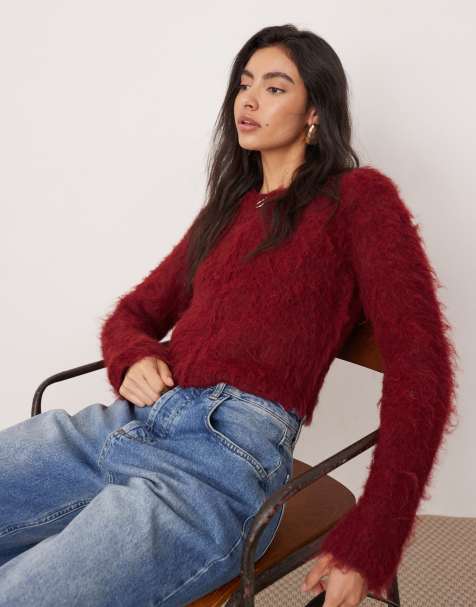 ASOS EDITION fluffy knit zip through cropped cardigan in burgundy - view 1