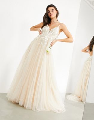 Asos Design Francesca Plunge Wedding Dress With Tonal Embroidery-white ...