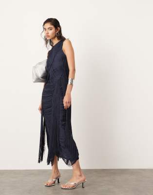 ASOS EDITION fringe chevron detail maxi dress in dark blue-Multi