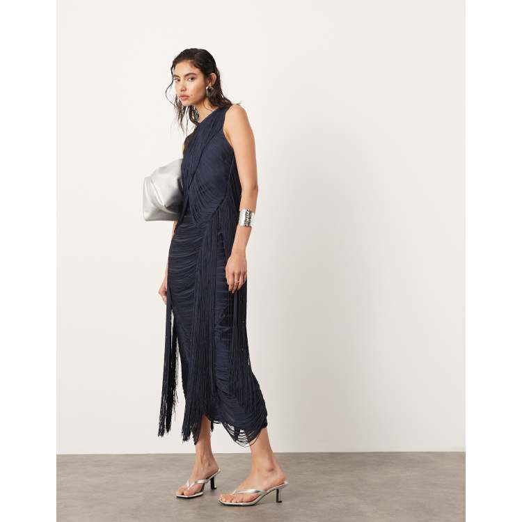 ASOS EDITION fringe chevron detail maxi dress in dark blue ASOS