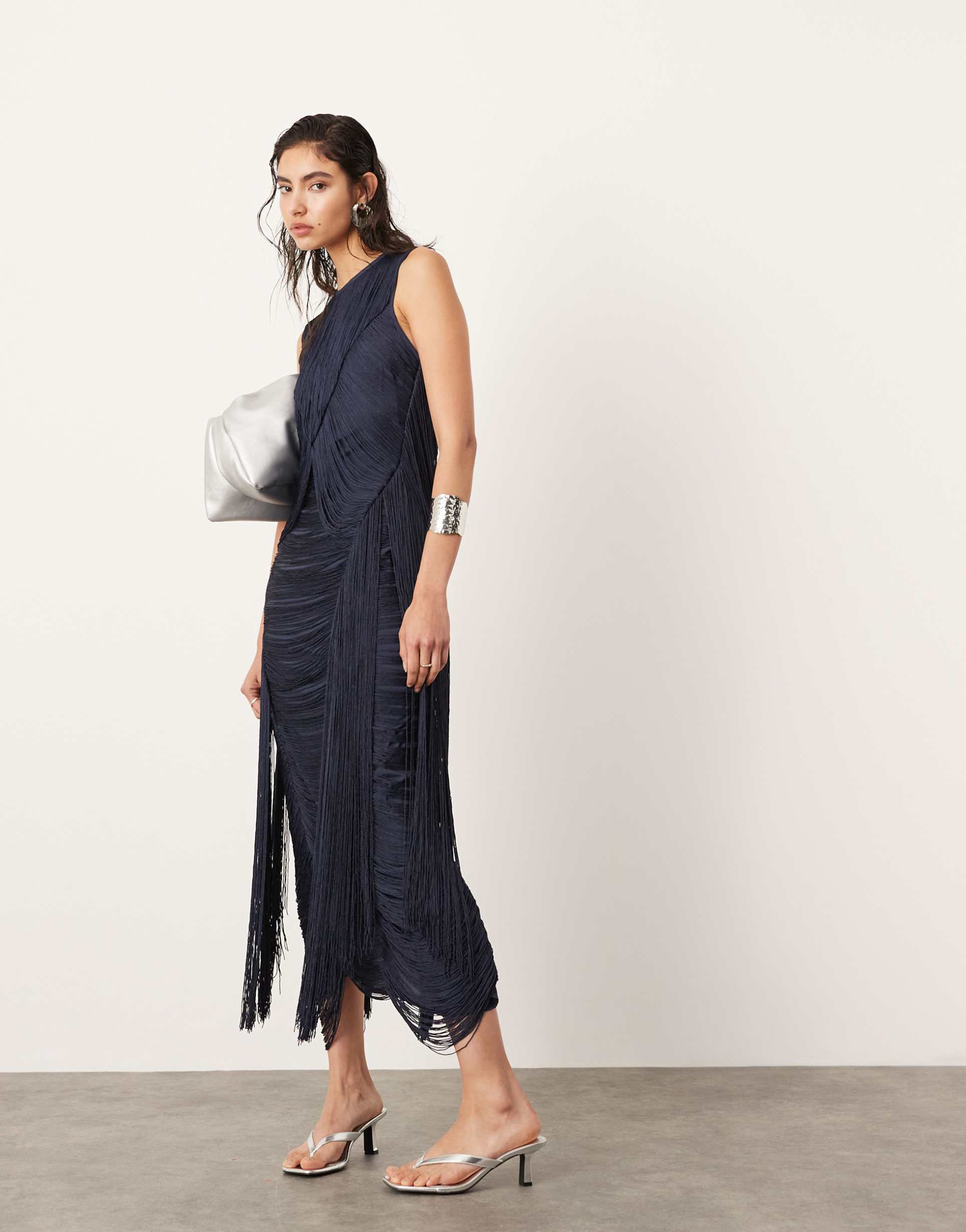 asos edition fringe chevron detail maxi dress in dark blue