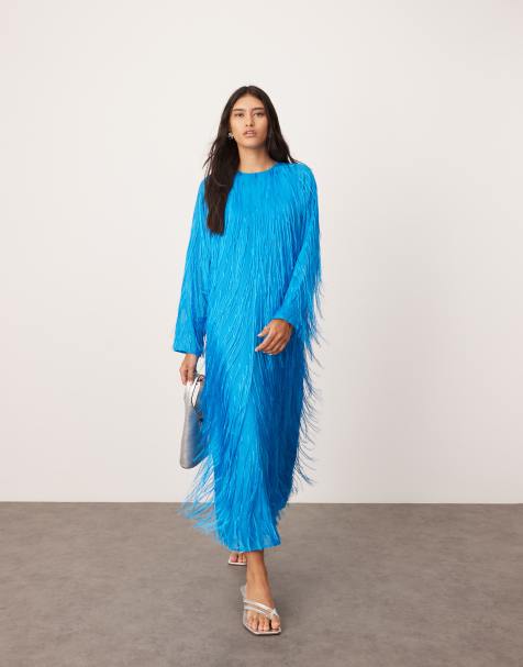ASOS EDITION fringe detail crew neck maxi dress in bright blue - view 1